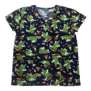 Serene Uniforms Dark Blue Christmas Cats & Tree Scrub Top LS